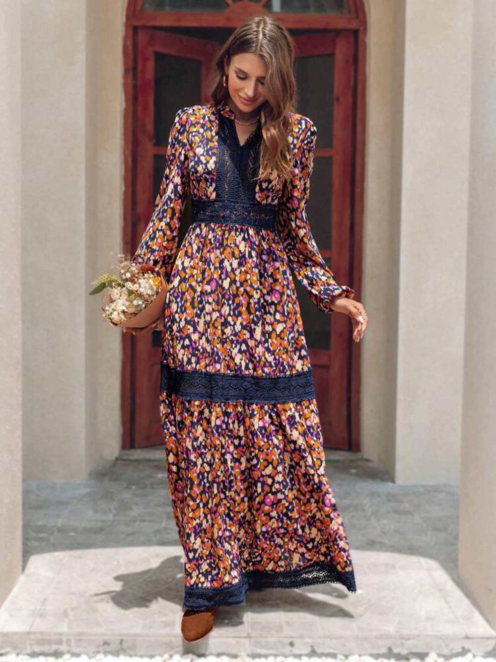 Floral Maxi Dress with Lace Trim - Pink & Orange Print